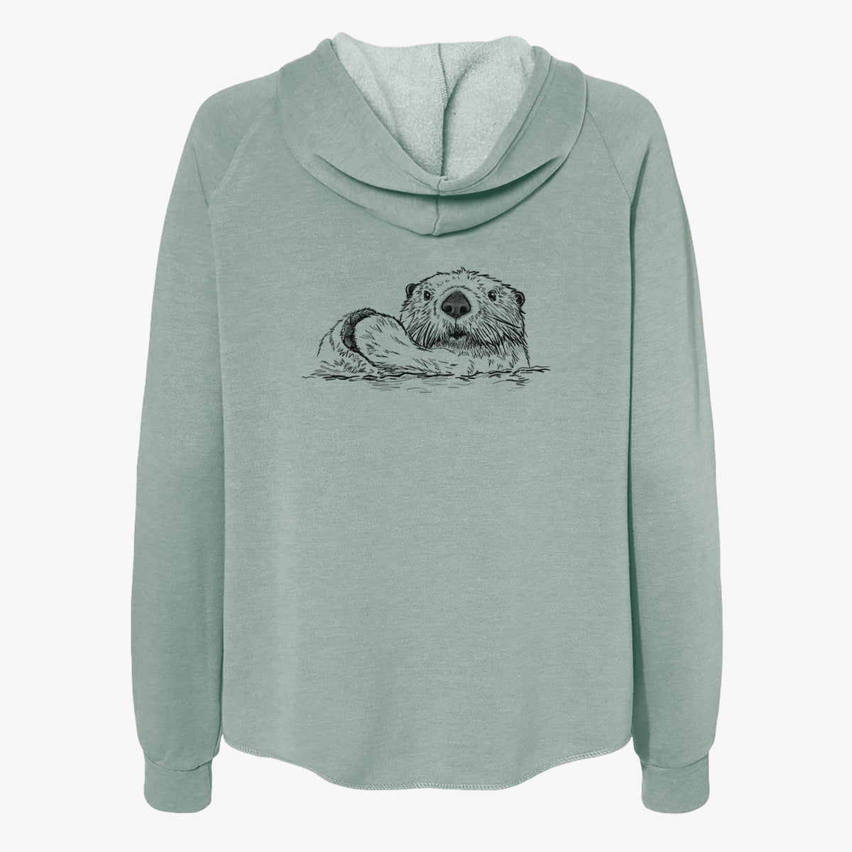 Sage green women's Cali Wave zip-up sweatshirt laid flat, printed with a black ink illustration of a northern river otter peeking out of the water.