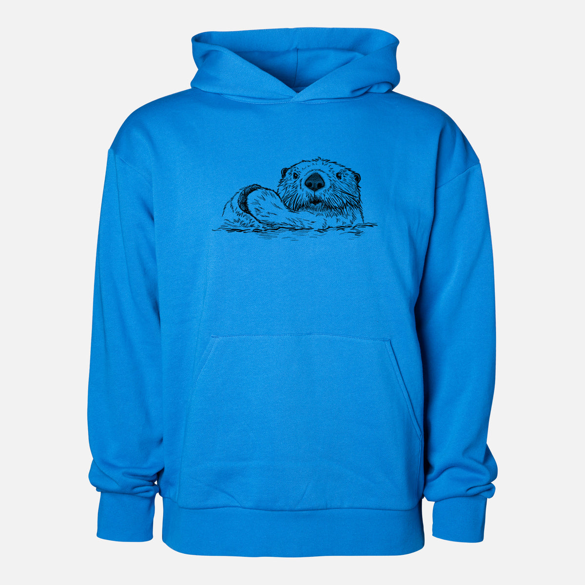 Northern Sea Otter - Enhydra lutris kenyoni - Statement Midweight Hoodie in Azure Blue, shown from the front with the design printed on the chest above a front kangaroo pocket.