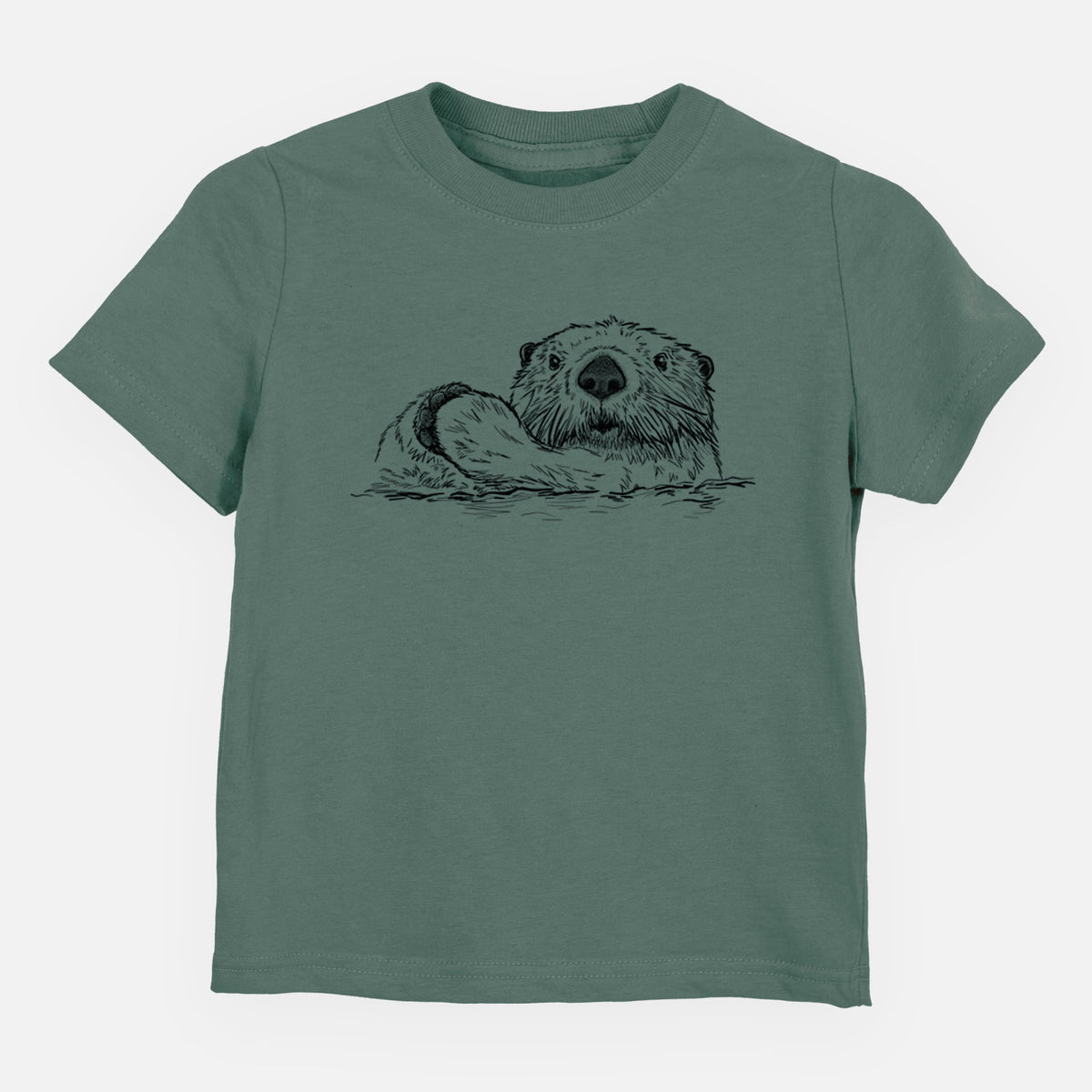 Basil green toddler t-shirt laid flat, printed with a black ink illustration of a northern river otter peeking out of the water.