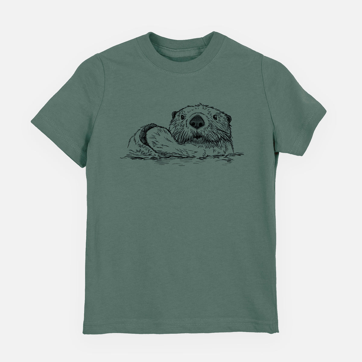Basil green youth t-shirt laid flat, printed with a black ink illustration of a northern river otter peeking out of the water.