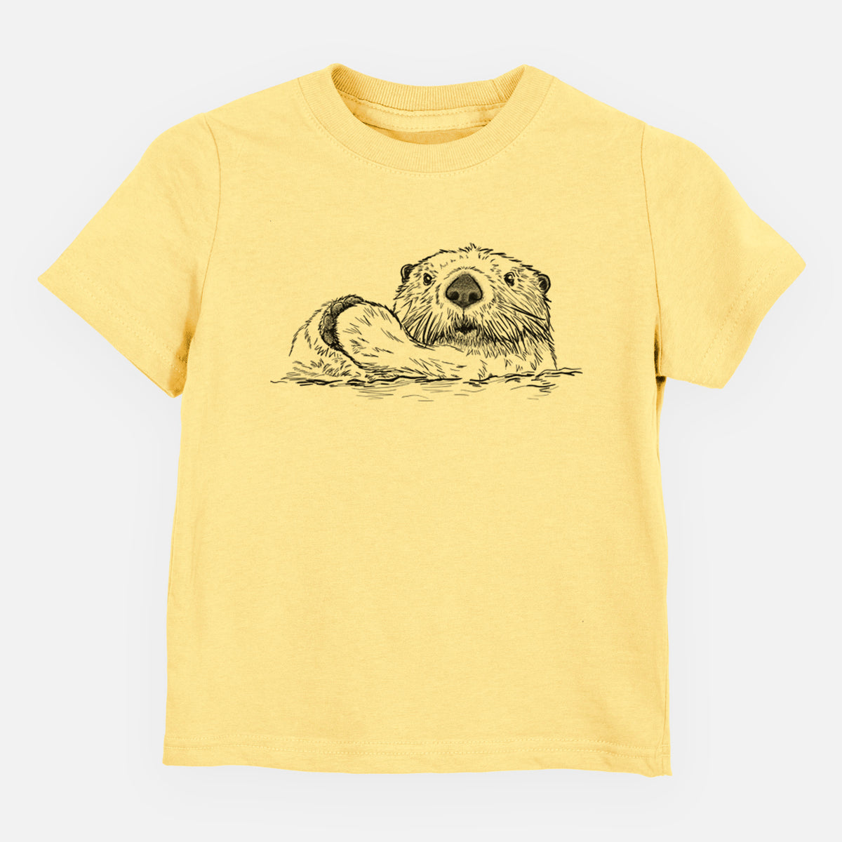 Butter yellow toddler t-shirt laid flat, printed with a black ink illustration of a northern river otter peeking out of the water.