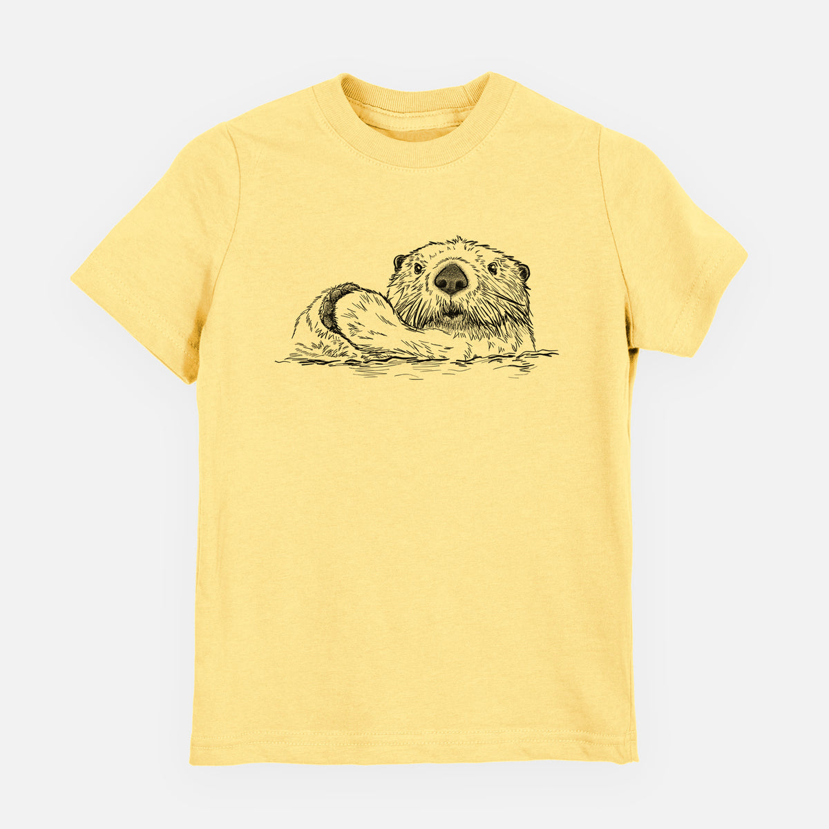 Butter yellow youth t-shirt laid flat, printed with a black ink illustration of a northern river otter peeking out of the water.