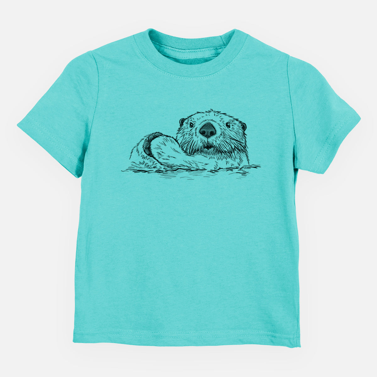 Caribbean blue toddler t-shirt laid flat, printed with a black ink illustration of a northern river otter peeking out of the water.