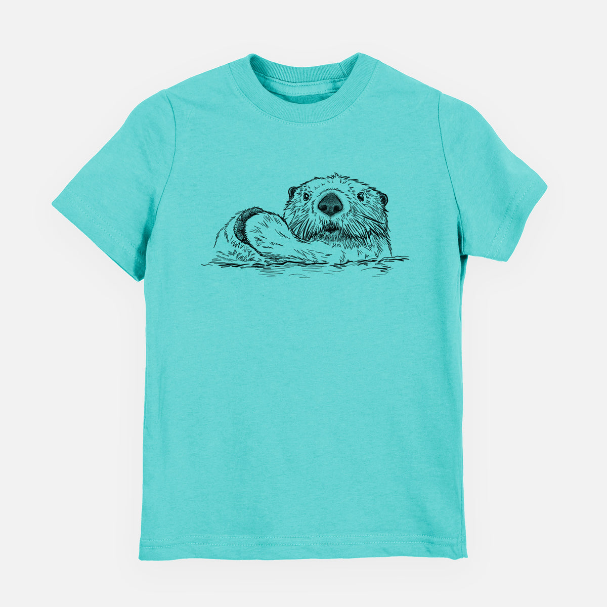 Caribbean blue youth t-shirt laid flat, printed with a black ink illustration of a northern river otter peeking out of the water.