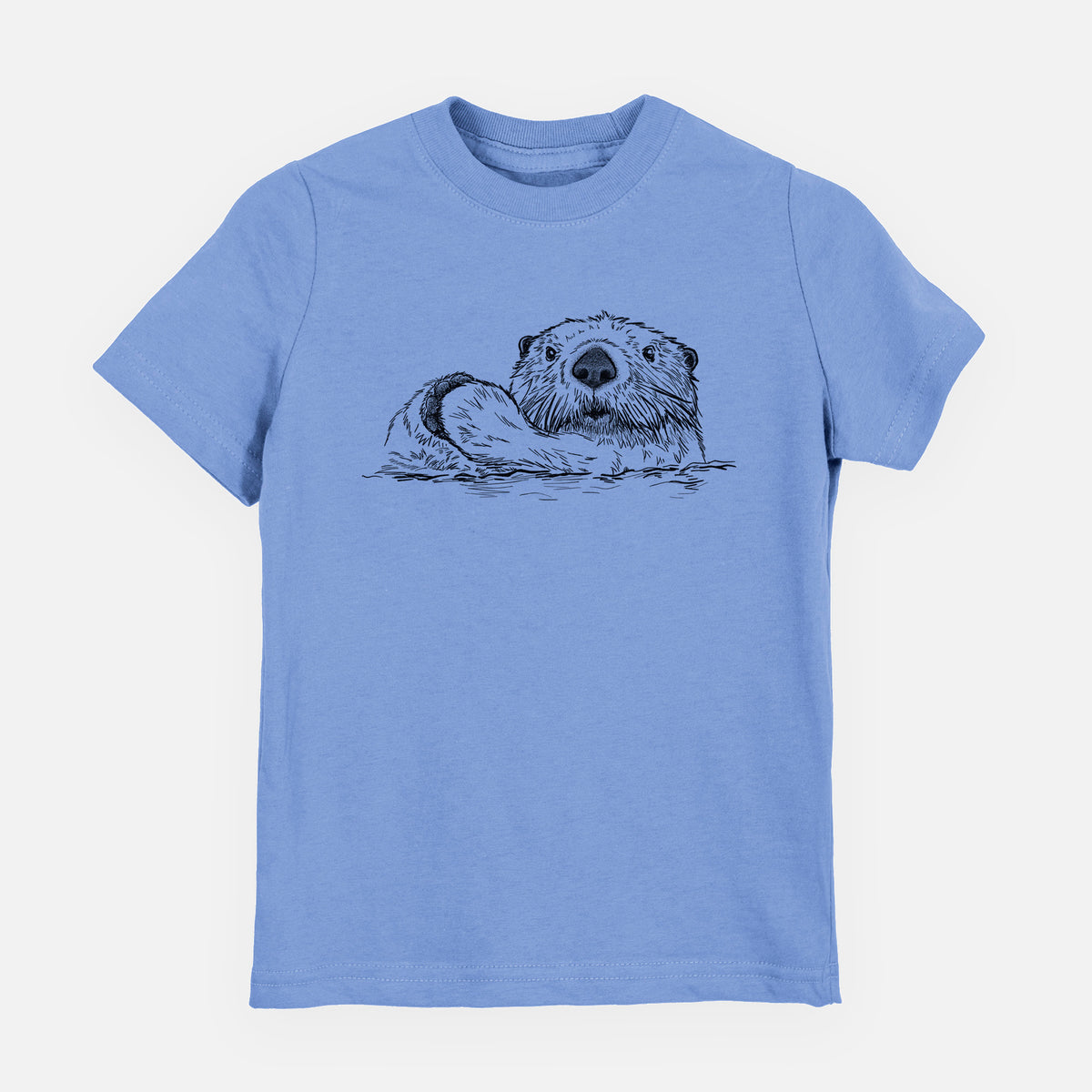 Carolina blue youth t-shirt laid flat, printed with a black ink illustration of a northern river otter peeking out of the water.