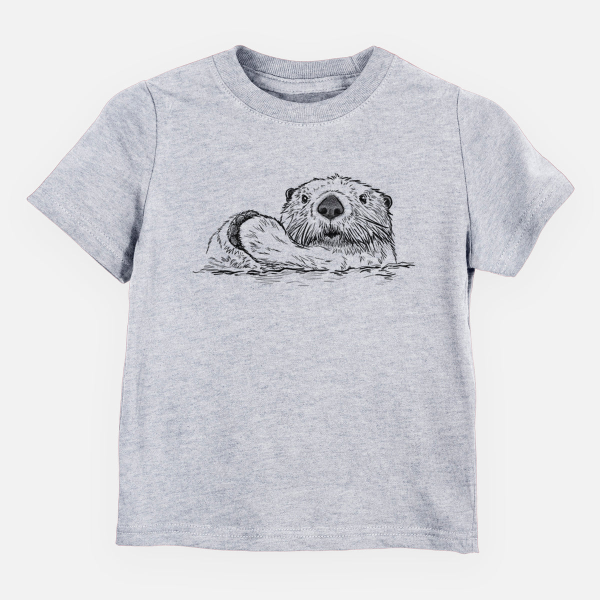 Heather grey toddler t-shirt laid flat, printed with a black ink illustration of a northern river otter peeking out of the water.