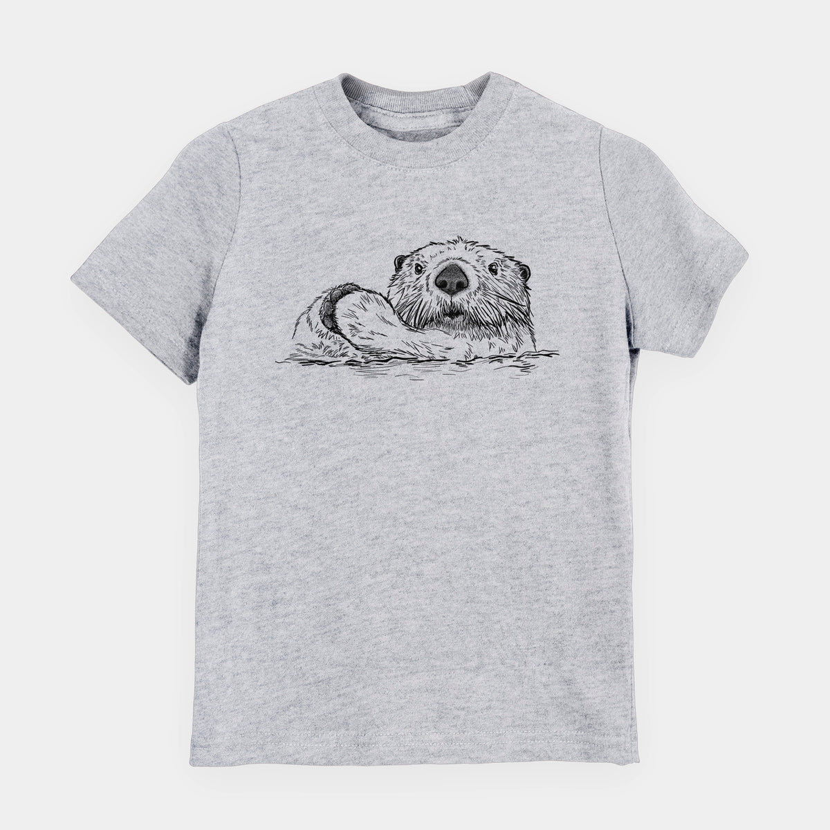 Heather grey youth t-shirt laid flat, printed with a black ink illustration of a northern river otter peeking out of the water.