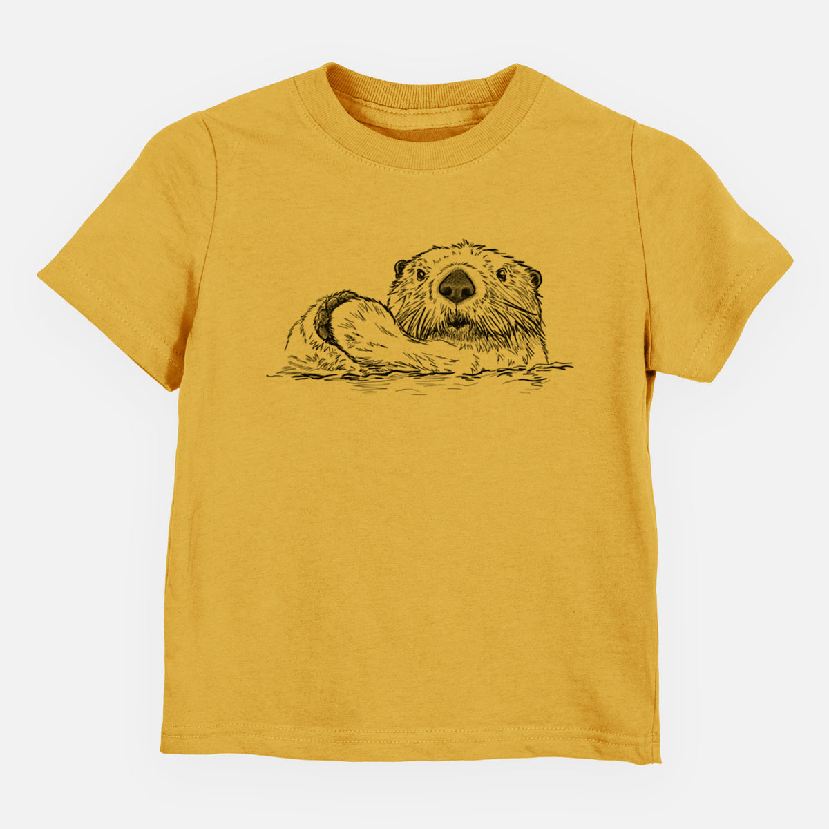 Honeycomb yellow toddler t-shirt laid flat, printed with a black ink illustration of a northern river otter peeking out of the water.
