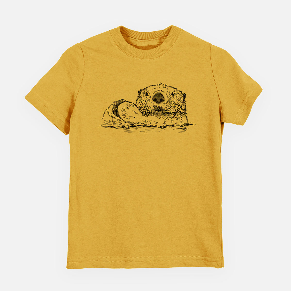 Honeycomb yellow youth t-shirt laid flat, printed with a black ink illustration of a northern river otter peeking out of the water.
