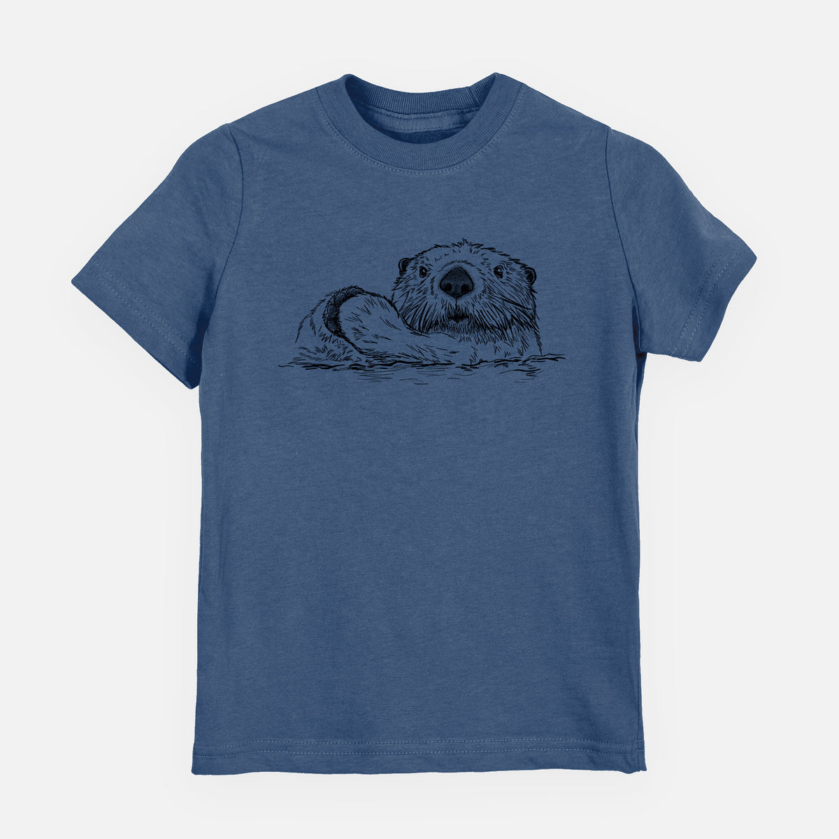 Indigo blue youth t-shirt laid flat, printed with a black ink illustration of a northern river otter peeking out of the water.