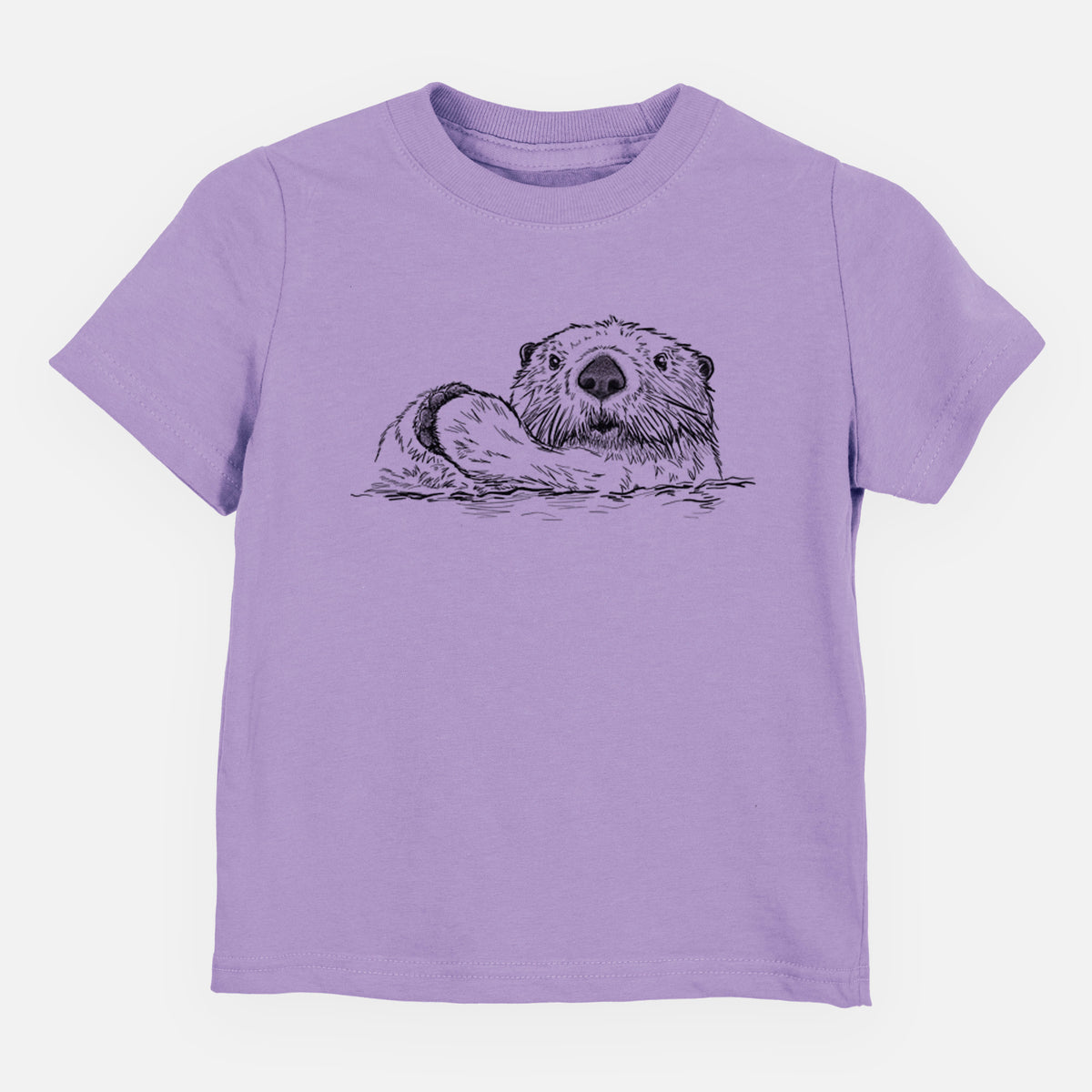 Lavender toddler t-shirt laid flat, printed with a black ink illustration of a northern river otter peeking out of the water.