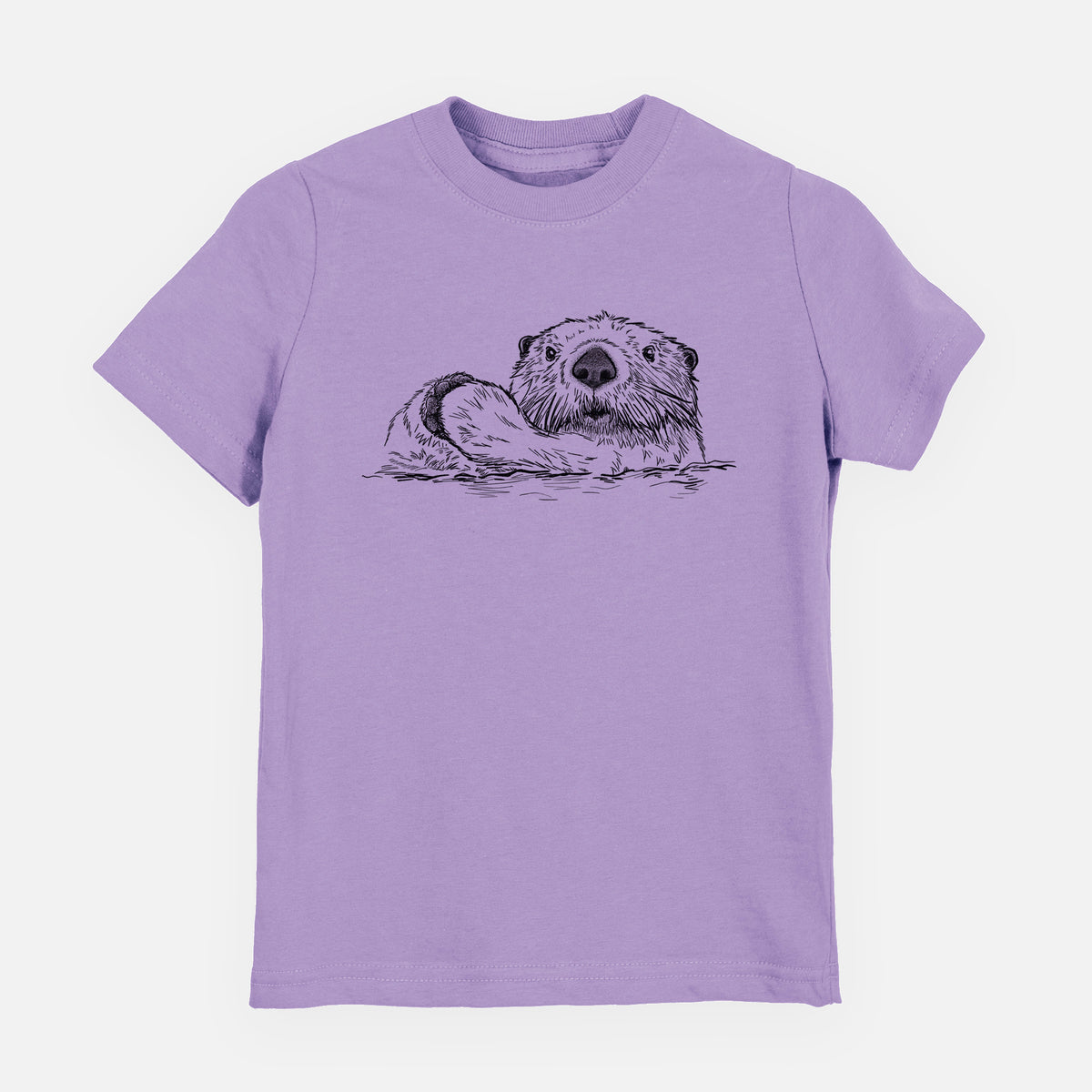 Lavender youth t-shirt laid flat, printed with a black ink illustration of a northern river otter peeking out of the water.