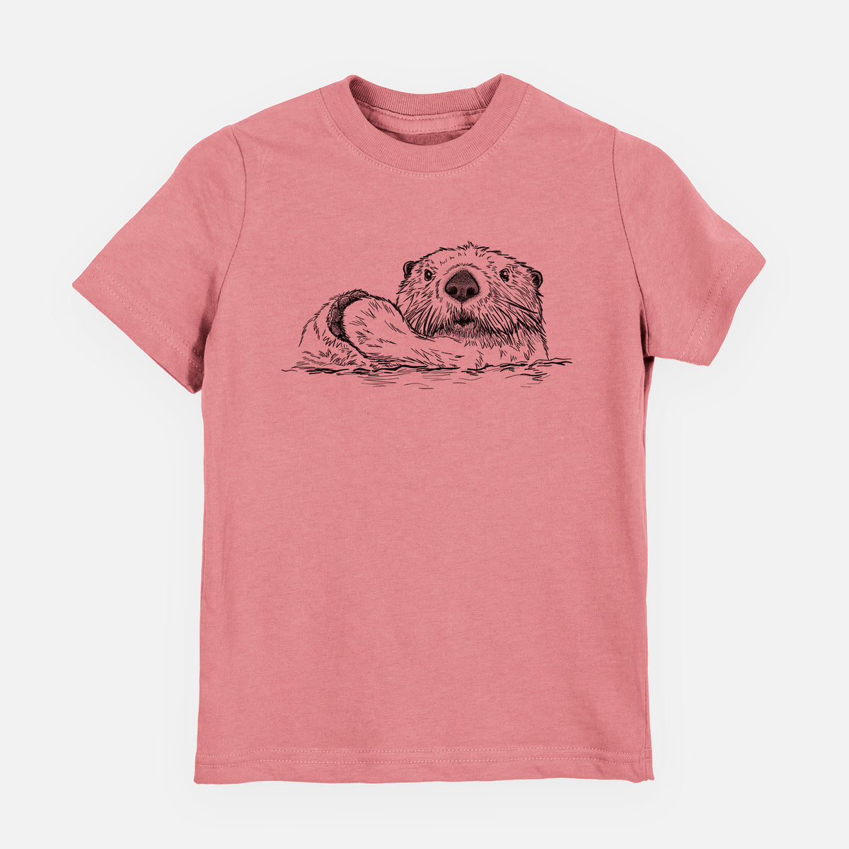 Mauve pink youth t-shirt laid flat, printed with a black ink illustration of a northern river otter peeking out of the water.