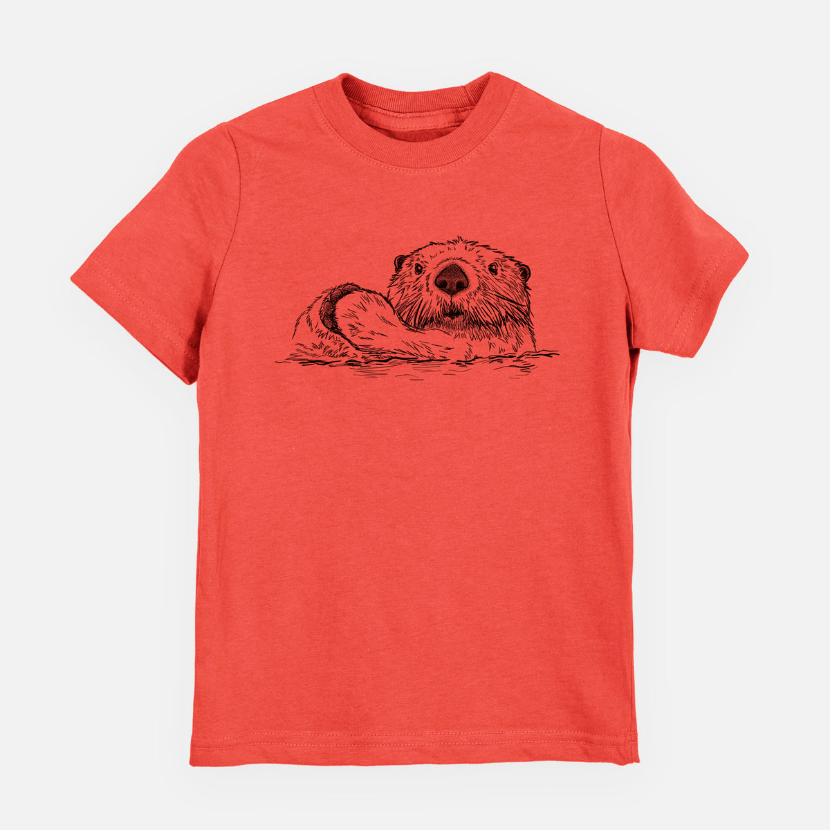 Passionfruit pink youth t-shirt laid flat, printed with a black ink illustration of a northern river otter peeking out of the water.