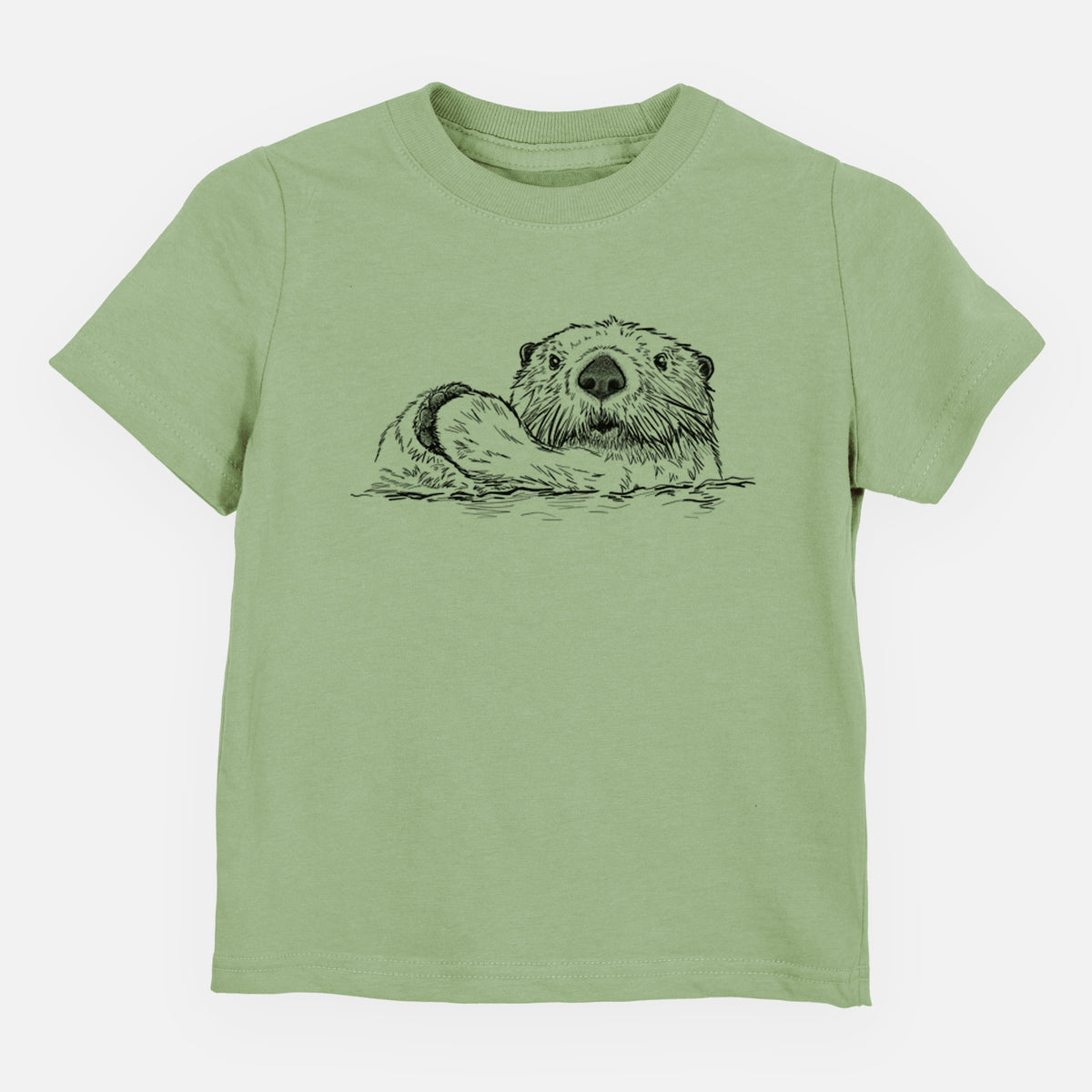Sage green toddler t-shirt laid flat, printed with a black ink illustration of a northern river otter peeking out of the water.