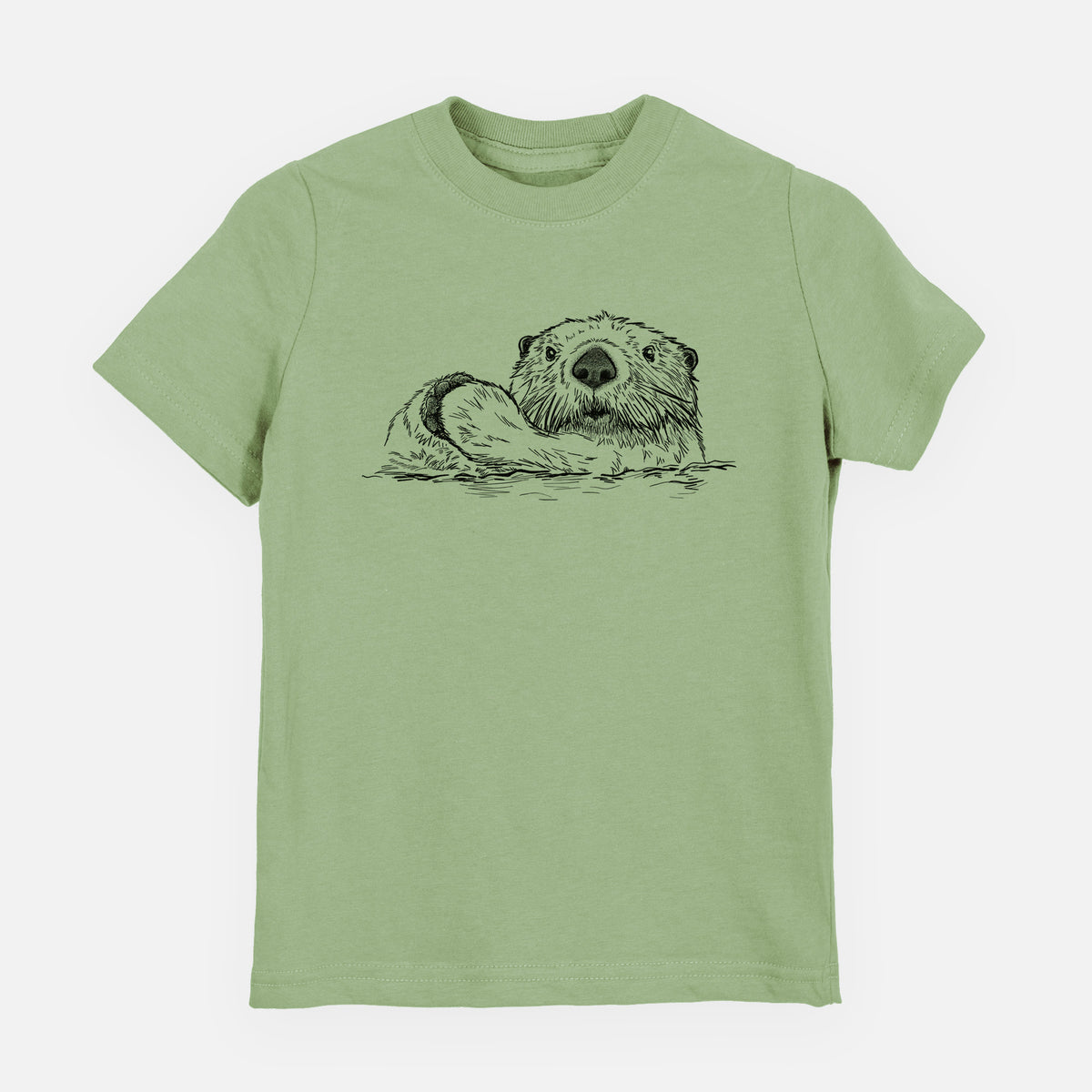 Sage green youth t-shirt laid flat, printed with a black ink illustration of a northern river otter peeking out of the water.
