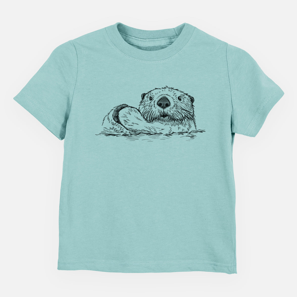 Saltwater toddler t-shirt laid flat, printed with a black ink illustration of a northern river otter peeking out of the water.