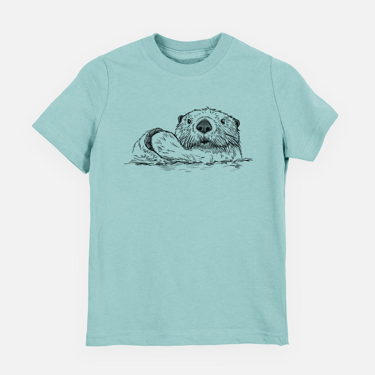 Saltwater youth t-shirt laid flat, printed with a black ink illustration of a northern river otter peeking out of the water.