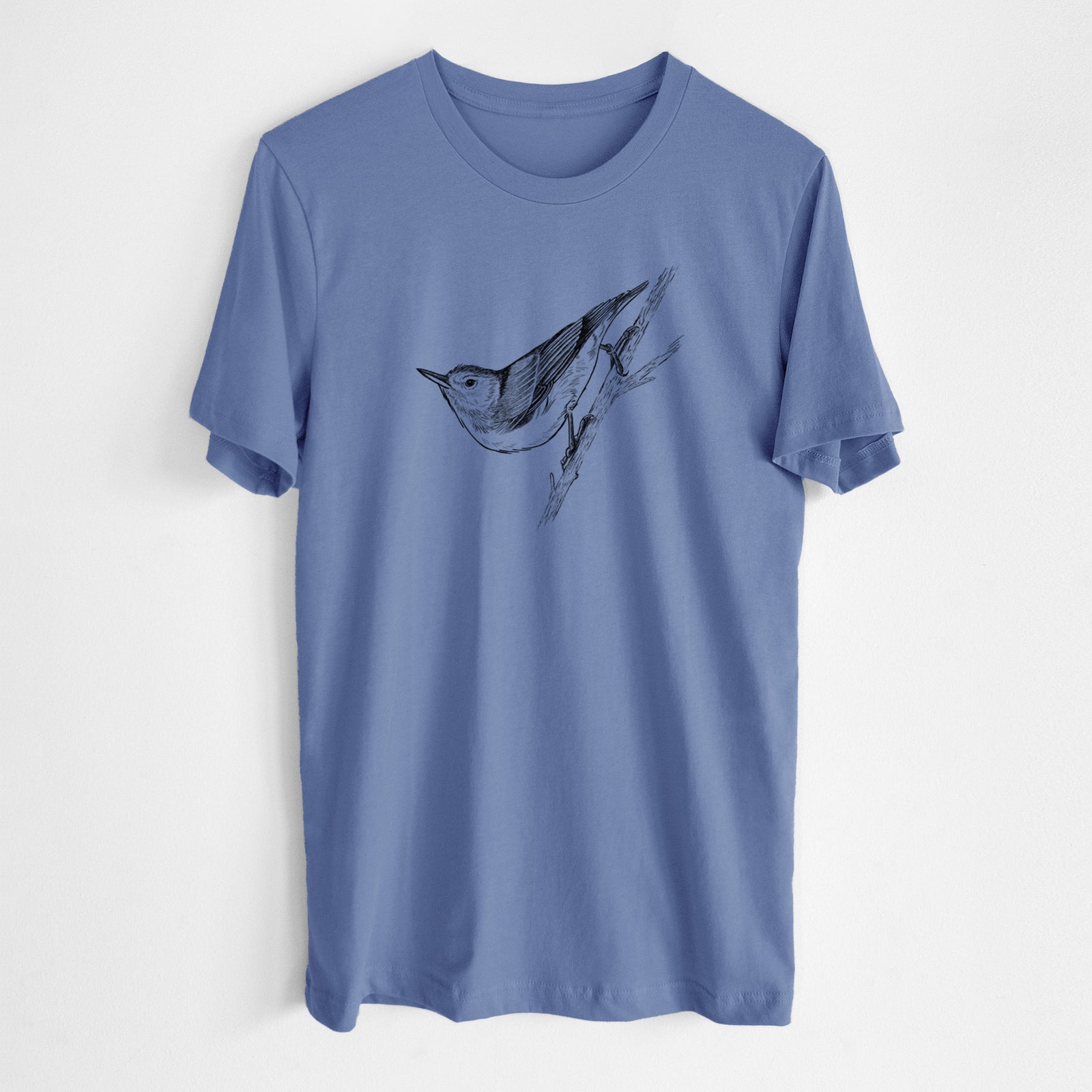 Blue bell lightweight cotton t-shirt laid flat, printed with a detailed black ink sketch of a nuthatch clinging to a branch.