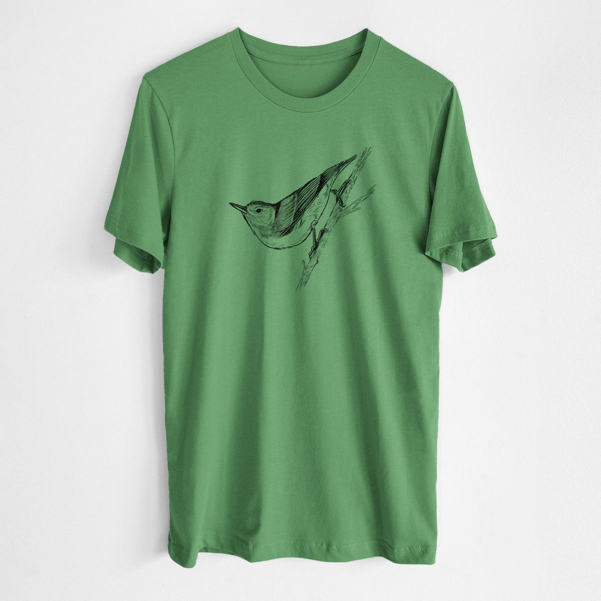 Leaf green lightweight cotton t-shirt laid flat, printed with a detailed black ink sketch of a nuthatch clinging to a branch.