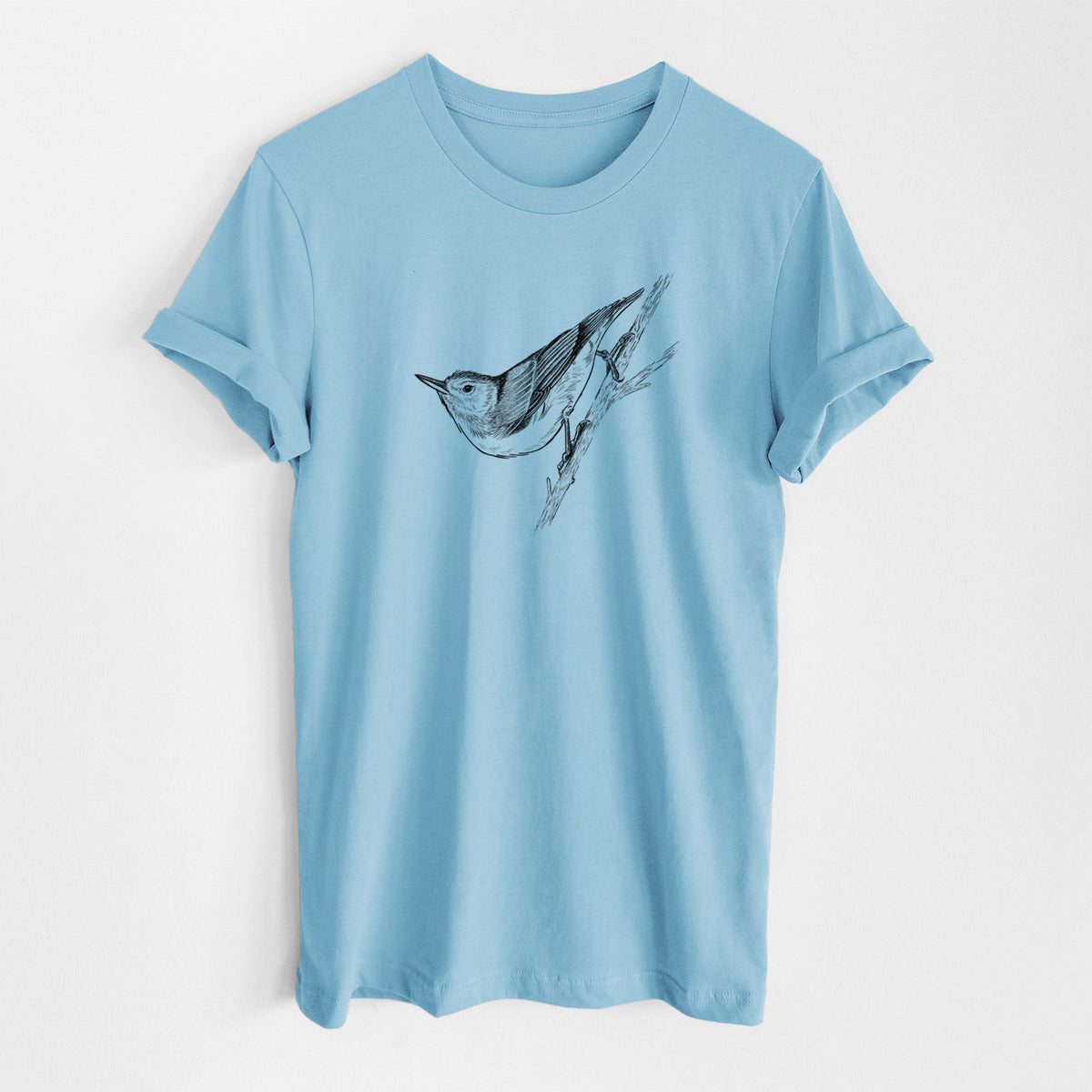 Ocean blue lightweight cotton t-shirt laid flat, printed with a detailed black ink sketch of a nuthatch clinging to a branch.