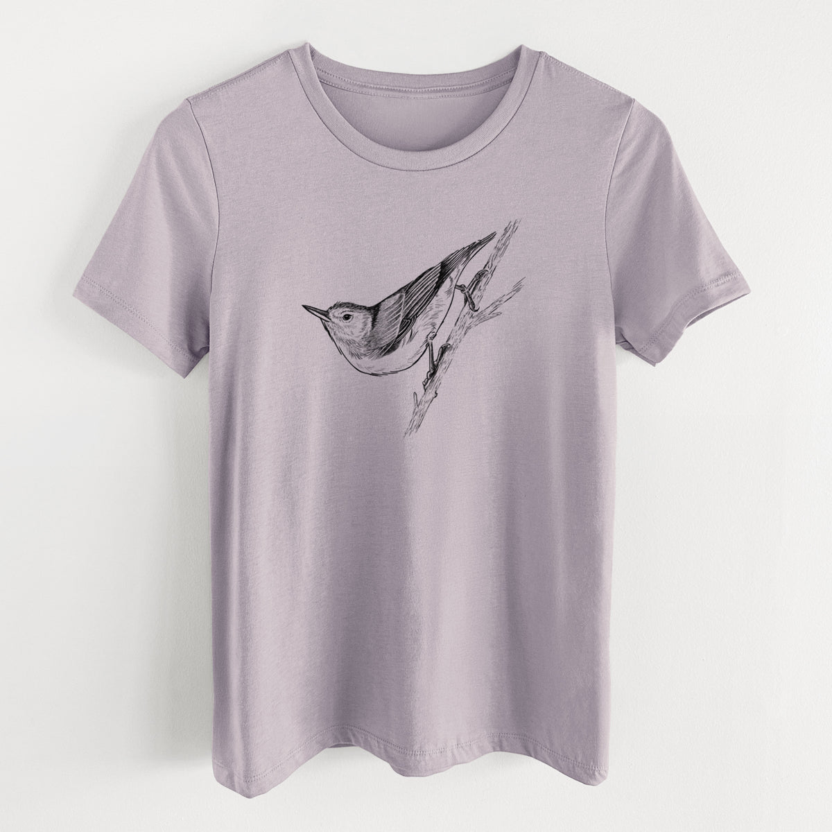 Light violet women's relaxed fit cotton t-shirt laid flat, printed with a detailed black ink sketch of a nuthatch clinging to a branch.
