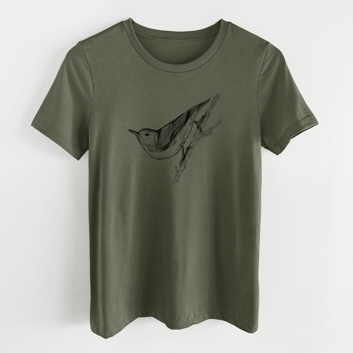 Military green women's relaxed fit cotton t-shirt laid flat, printed with a detailed black ink sketch of a nuthatch clinging to a branch.