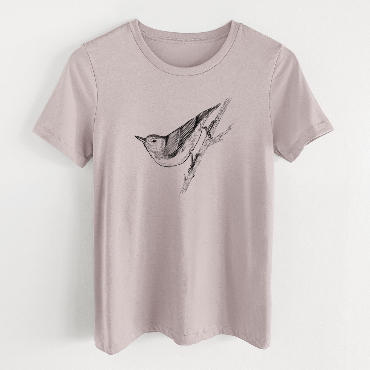 Pink gravel women's relaxed fit cotton t-shirt laid flat, printed with a detailed black ink sketch of a nuthatch clinging to a branch.