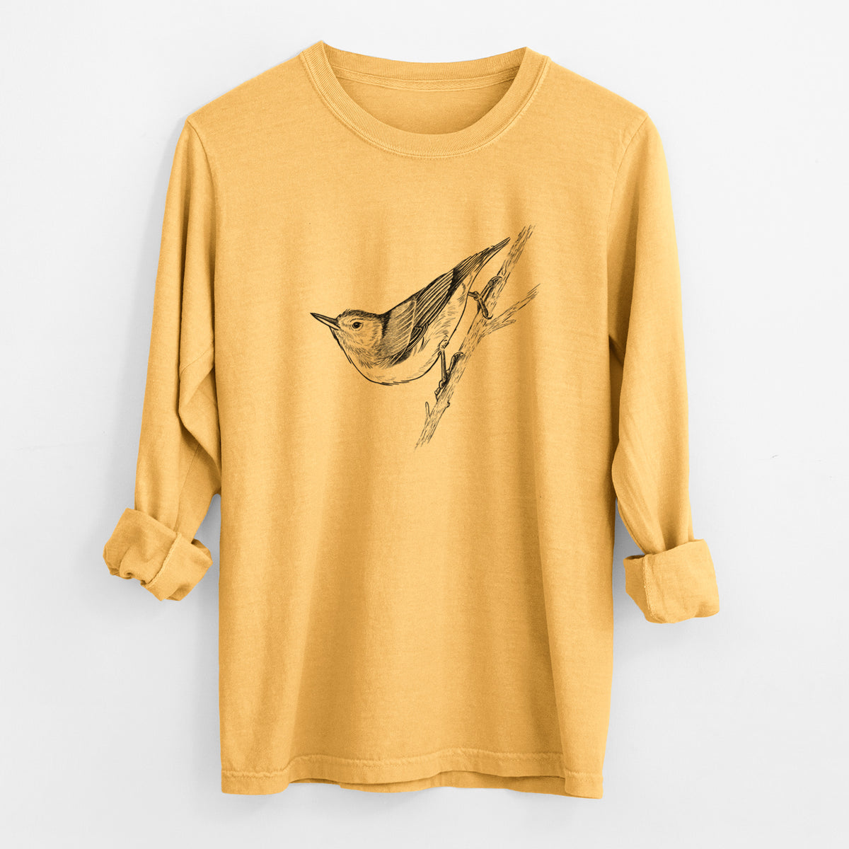 Golden wheat yellow Comfort Colors long sleeve shirt laid flat with the cuffs rolled, printed with a detailed black ink sketch of a nuthatch clinging to a branch.