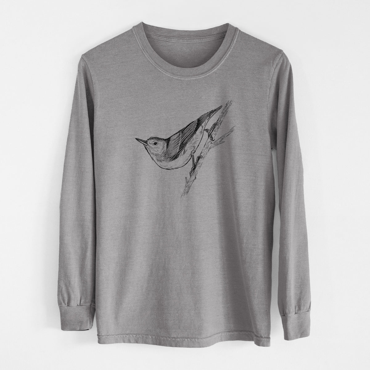 Grey Comfort Colors long sleeve shirt laid flat, printed with a detailed black ink sketch of a nuthatch clinging to a branch.