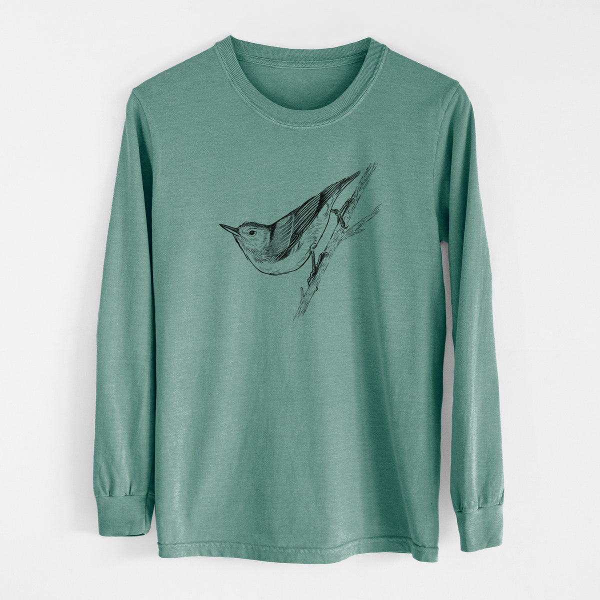 Pine green Comfort Colors long sleeve shirt laid flat, printed with a detailed black ink sketch of a nuthatch clinging to a branch.