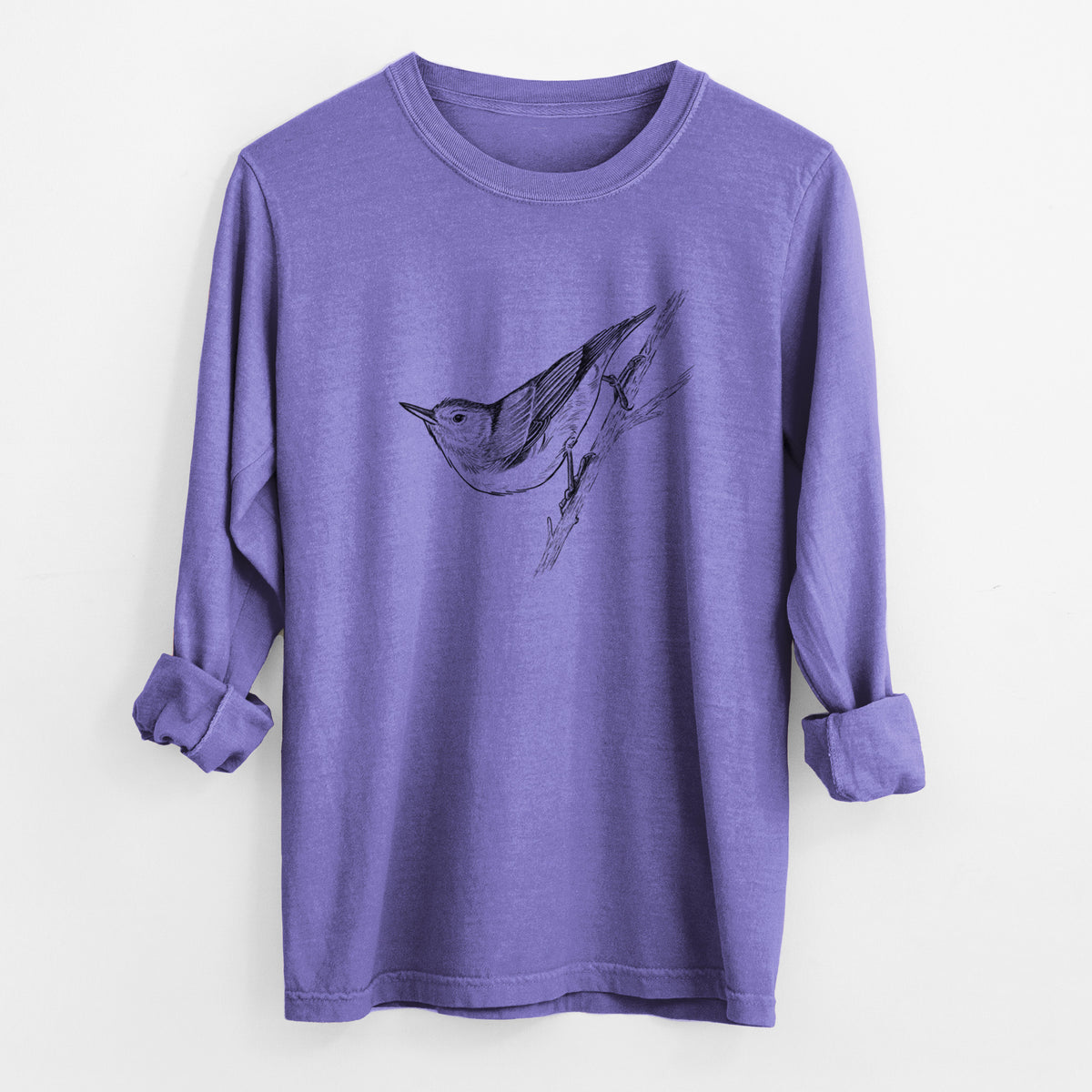 Violet purple Comfort Colors long sleeve shirt laid flat with the cuffs rolled, printed with a detailed black ink sketch of a nuthatch clinging to a branch.