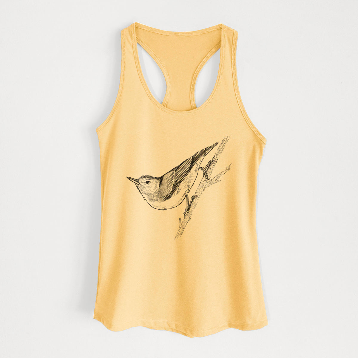 Banana cream women's racerback tank top laid flat, printed with a detailed black ink sketch of a nuthatch clinging to a branch.