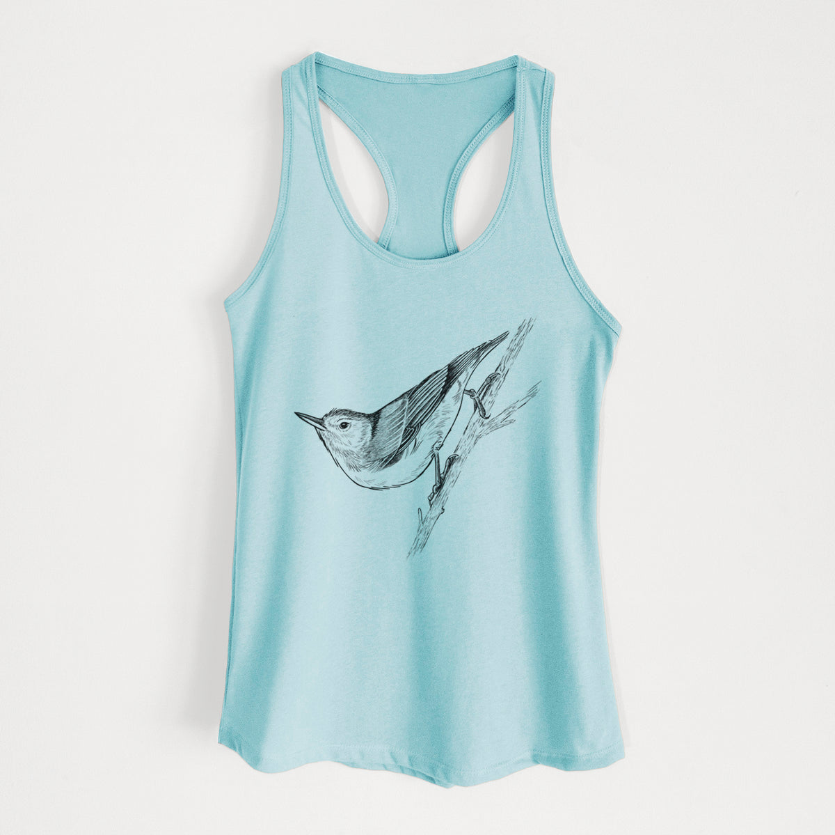 Cancun blue women's racerback tank top laid flat, printed with a detailed black ink sketch of a nuthatch clinging to a branch.