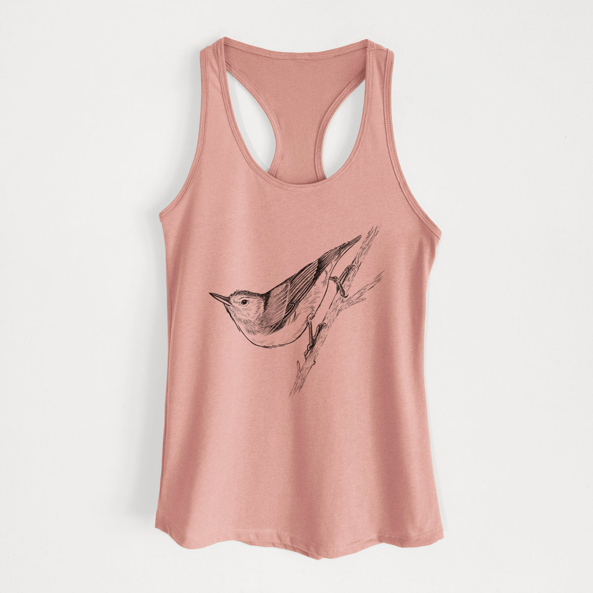 Desert pink women's racerback tank top laid flat, printed with a detailed black ink sketch of a nuthatch clinging to a branch.