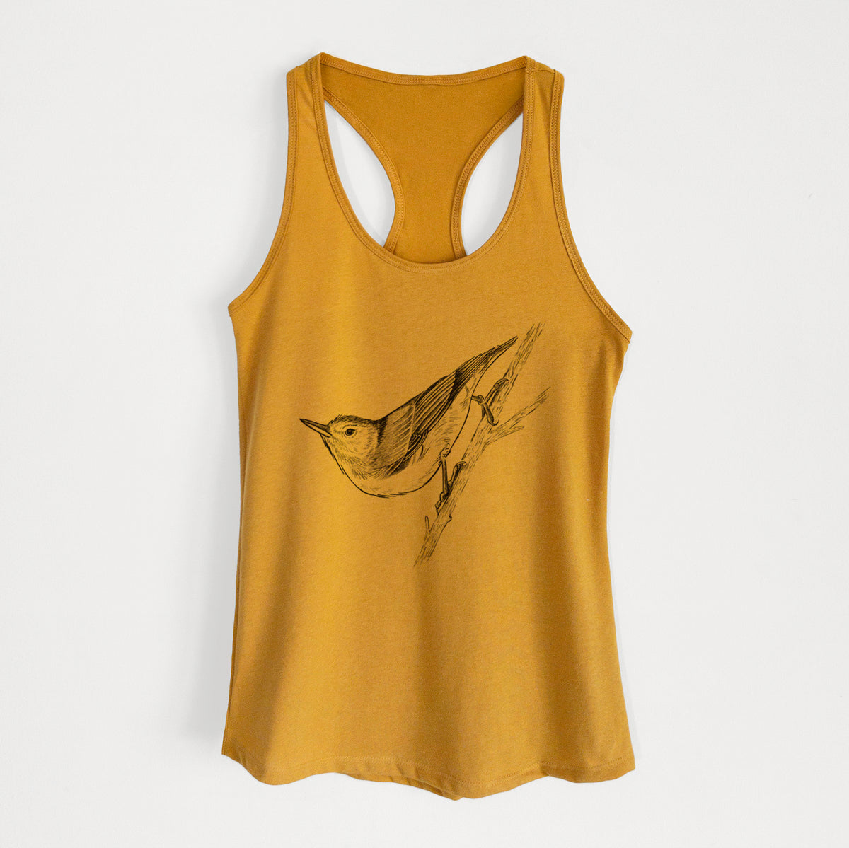 Gold women's racerback tank top laid flat, printed with a detailed black ink sketch of a nuthatch clinging to a branch.