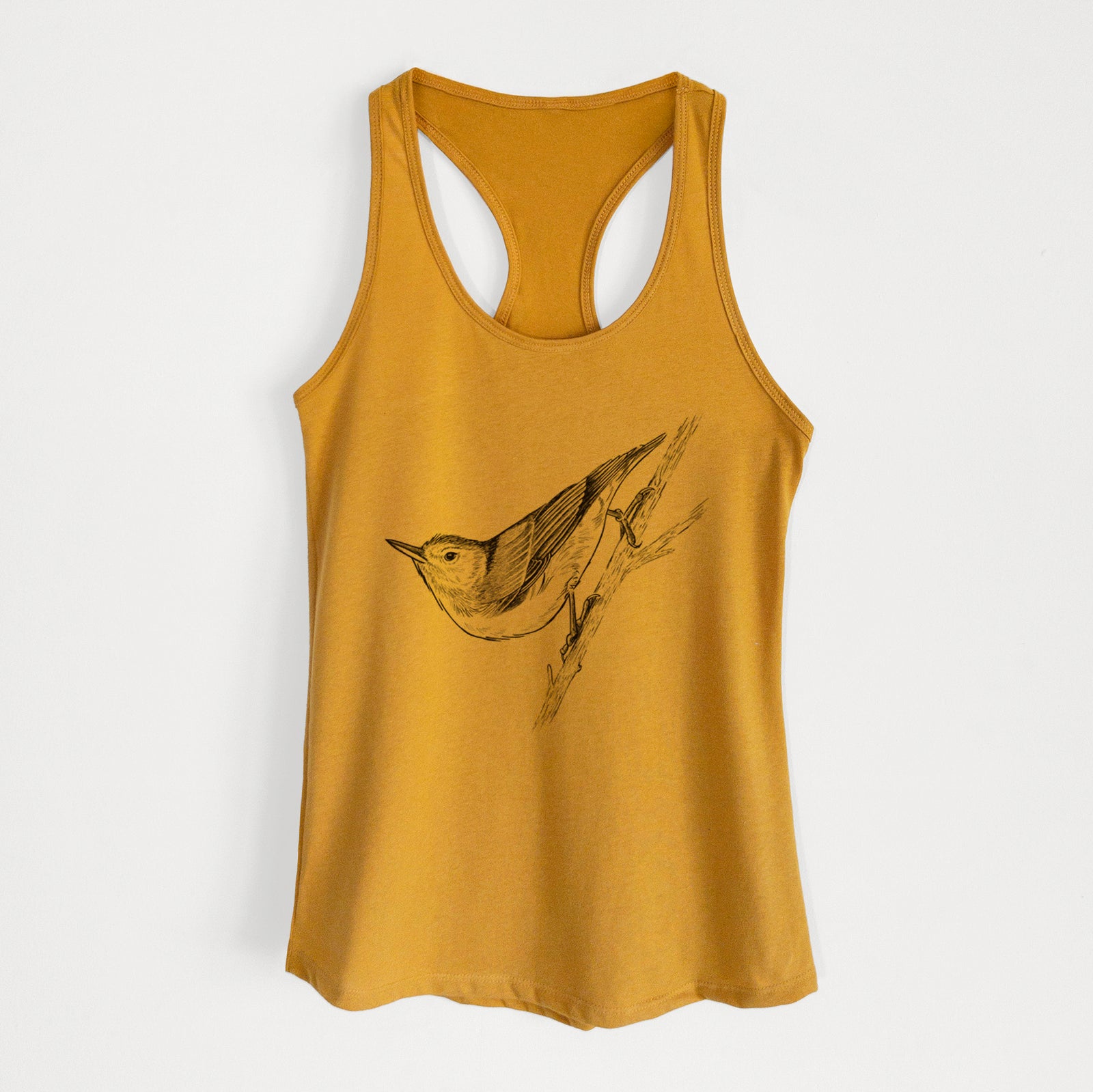 Gold women's racerback tank top laid flat, printed with a detailed black ink sketch of a nuthatch clinging to a branch.