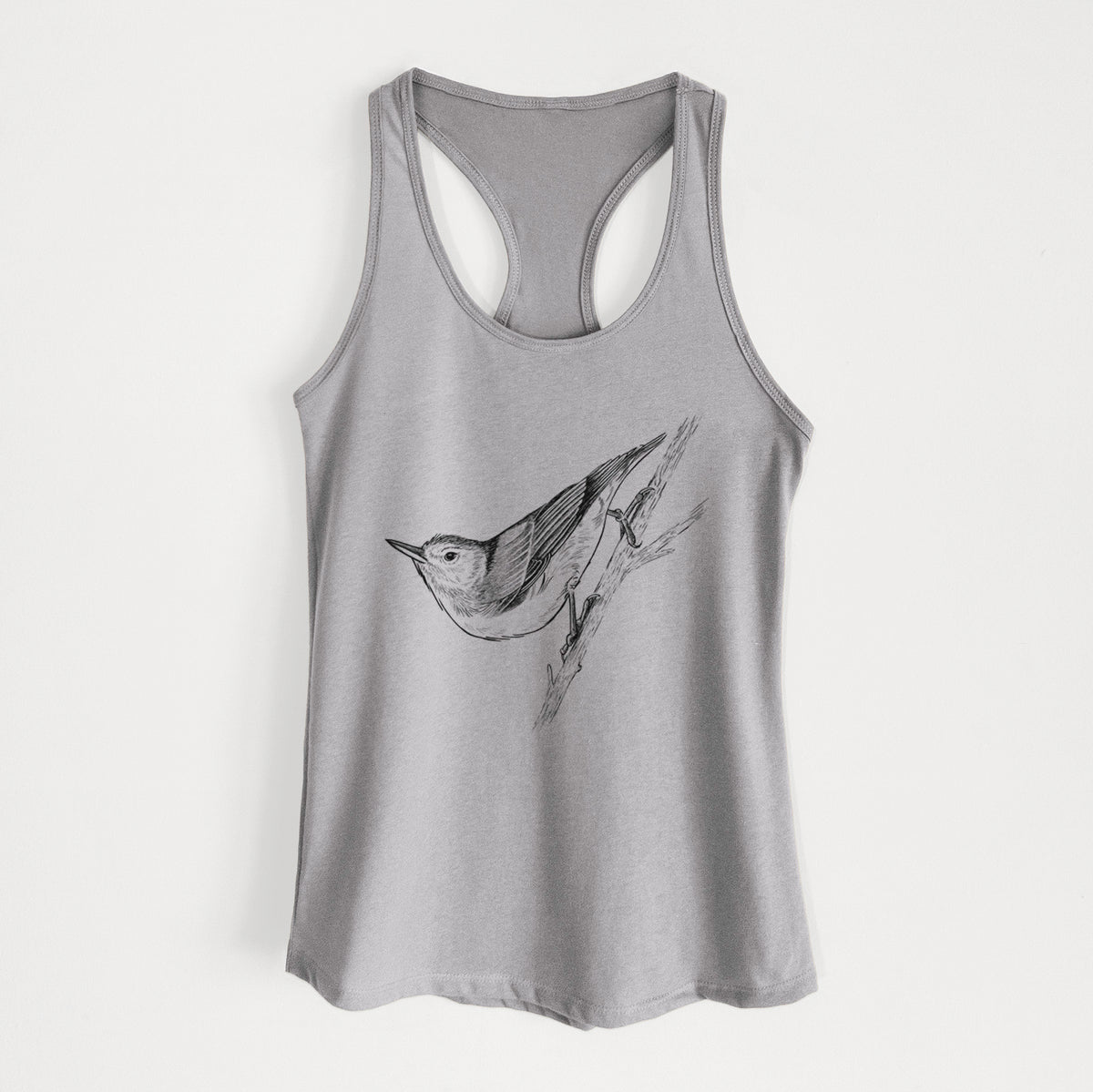 Heather grey women's racerback tank top laid flat, printed with a detailed black ink sketch of a nuthatch clinging to a branch.