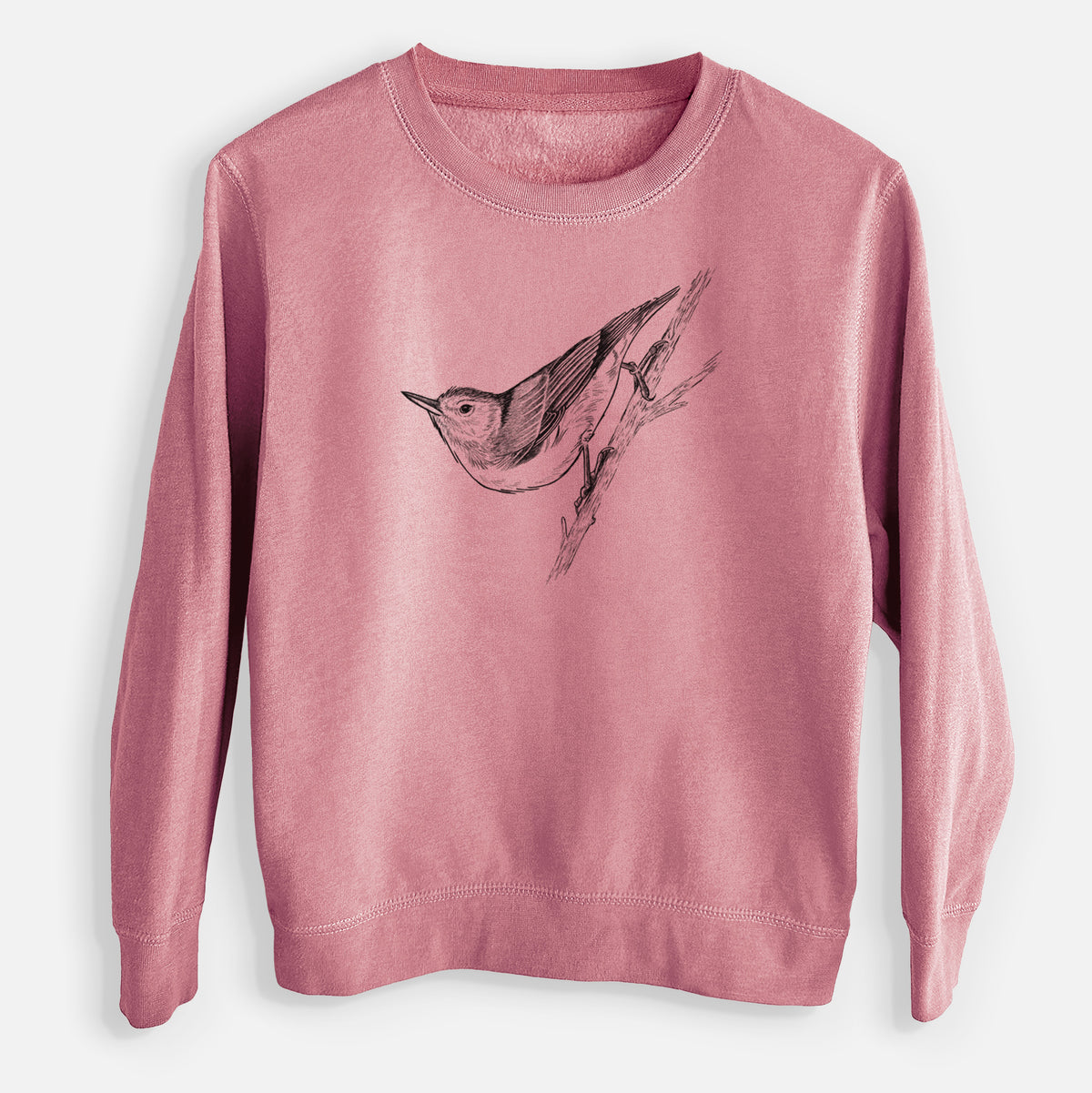 Mauve pink youth crewneck sweatshirt laid flat, printed with a detailed black ink sketch of a nuthatch clinging to a branch.