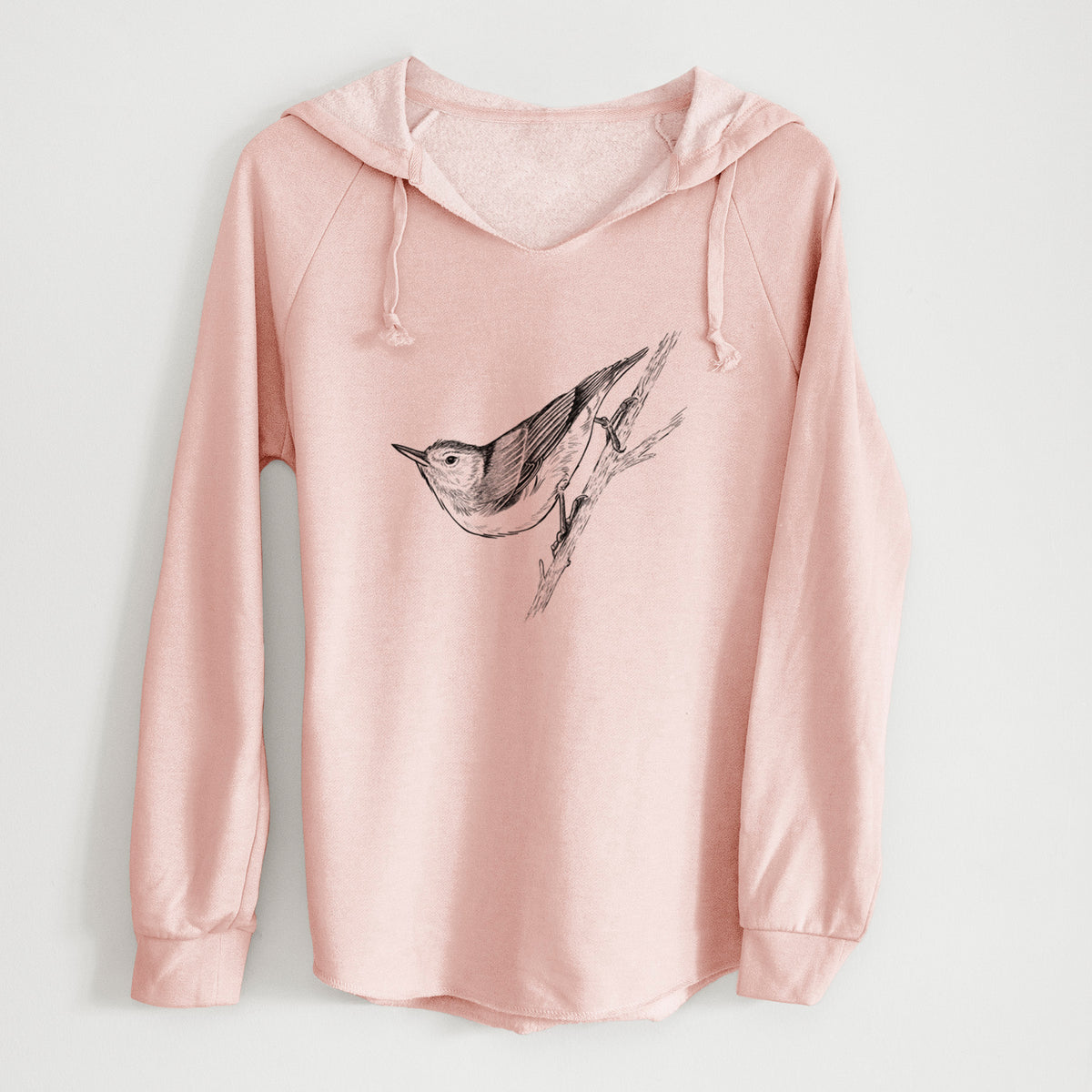 Blush pink women's Cali Wave hooded sweatshirt laid flat, printed with a detailed black ink sketch of a nuthatch clinging to a branch.