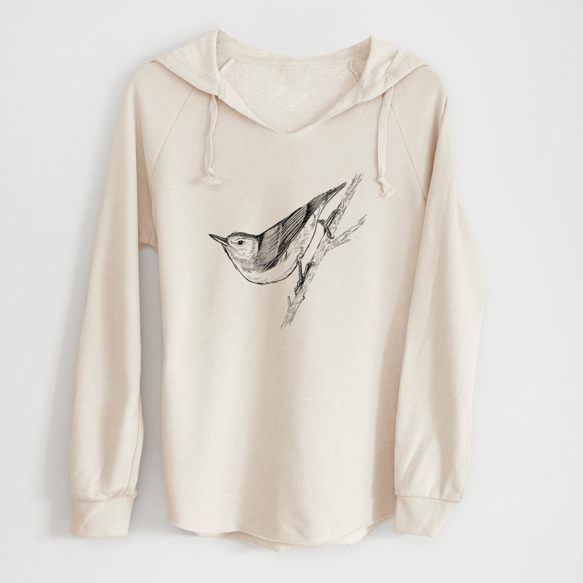 Bone cream women's Cali Wave hooded sweatshirt laid flat, printed with a detailed black ink sketch of a nuthatch clinging to a branch.