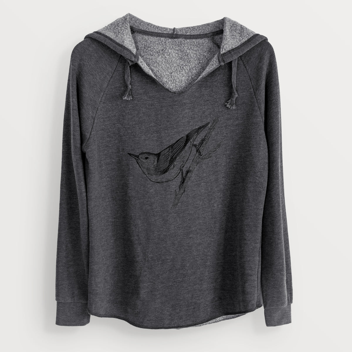 Charcoal grey women's Cali Wave hooded sweatshirt laid flat, printed with a detailed black ink sketch of a nuthatch clinging to a branch.