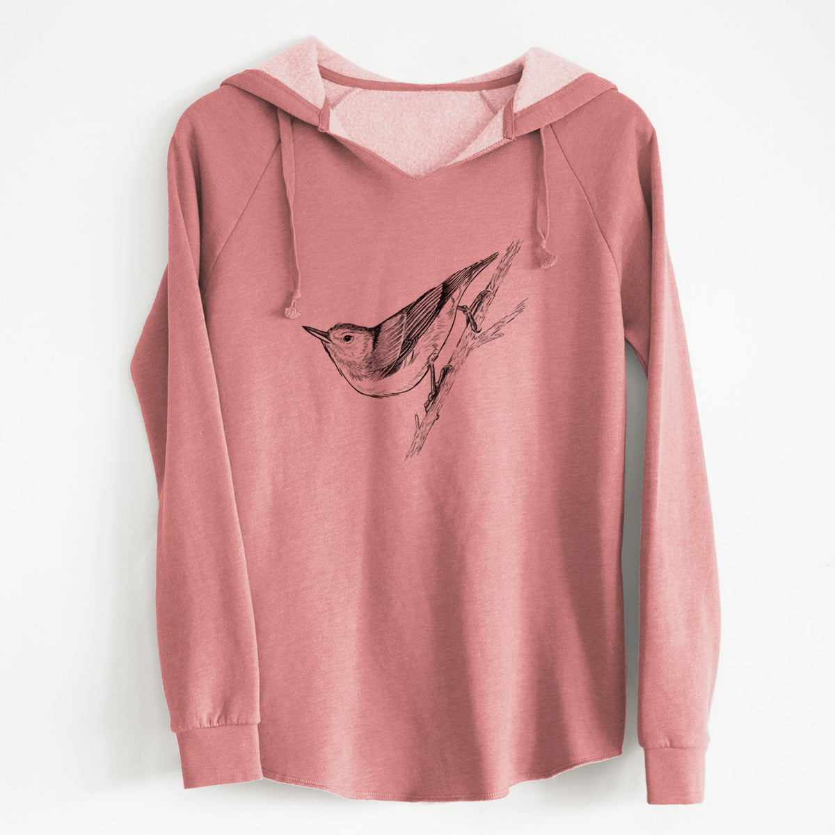 Dusty rose women's Cali Wave hooded sweatshirt laid flat, printed with a detailed black ink sketch of a nuthatch clinging to a branch.