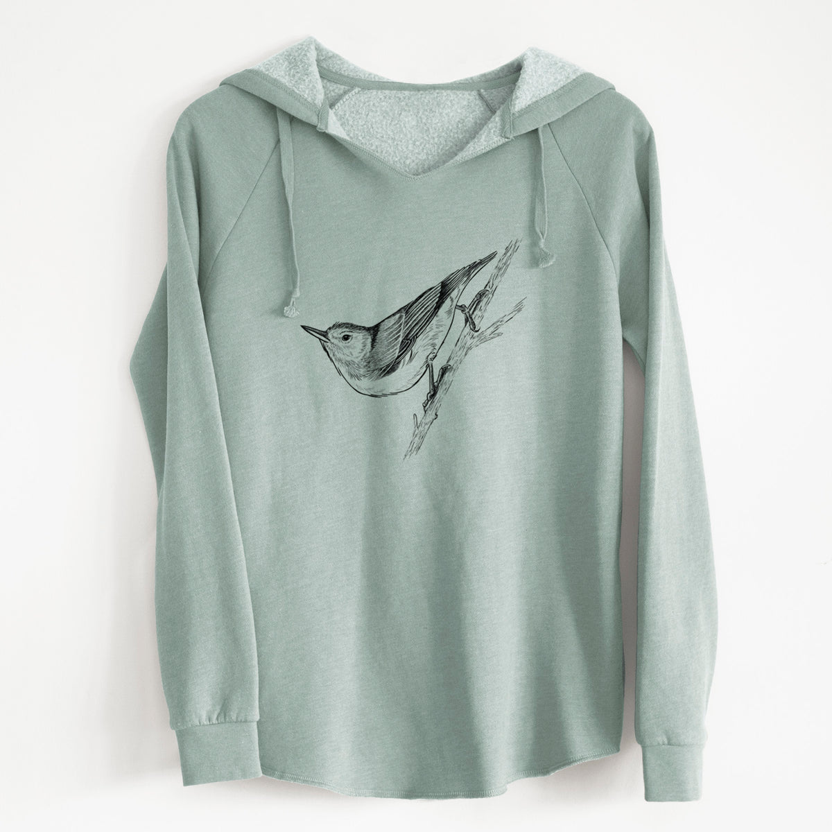 Sage green women's Cali Wave hooded sweatshirt laid flat, printed with a detailed black ink sketch of a nuthatch clinging to a branch.