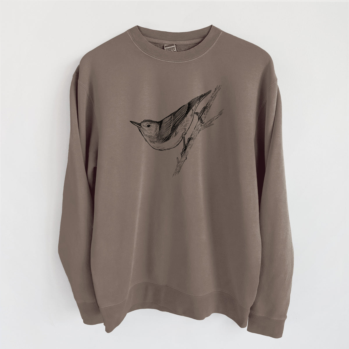 White-breasted Nuthatch - Sitta carolinensis - Unisex Pigment Dyed Crew Sweatshirt in Espresso Brown Color