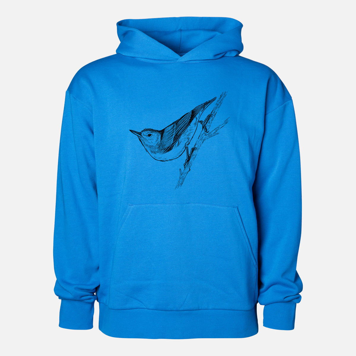 White-breasted Nuthatch - Sitta carolinensis - Statement Midweight Hoodie in Azure Blue, shown from the front with the design printed on the chest above a front kangaroo pocket.