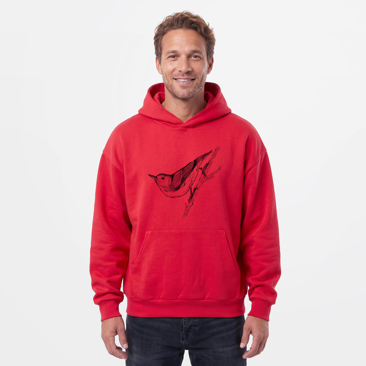 Male model wearing the White-breasted Nuthatch - Sitta carolinensis - Statement Midweight Hoodie.