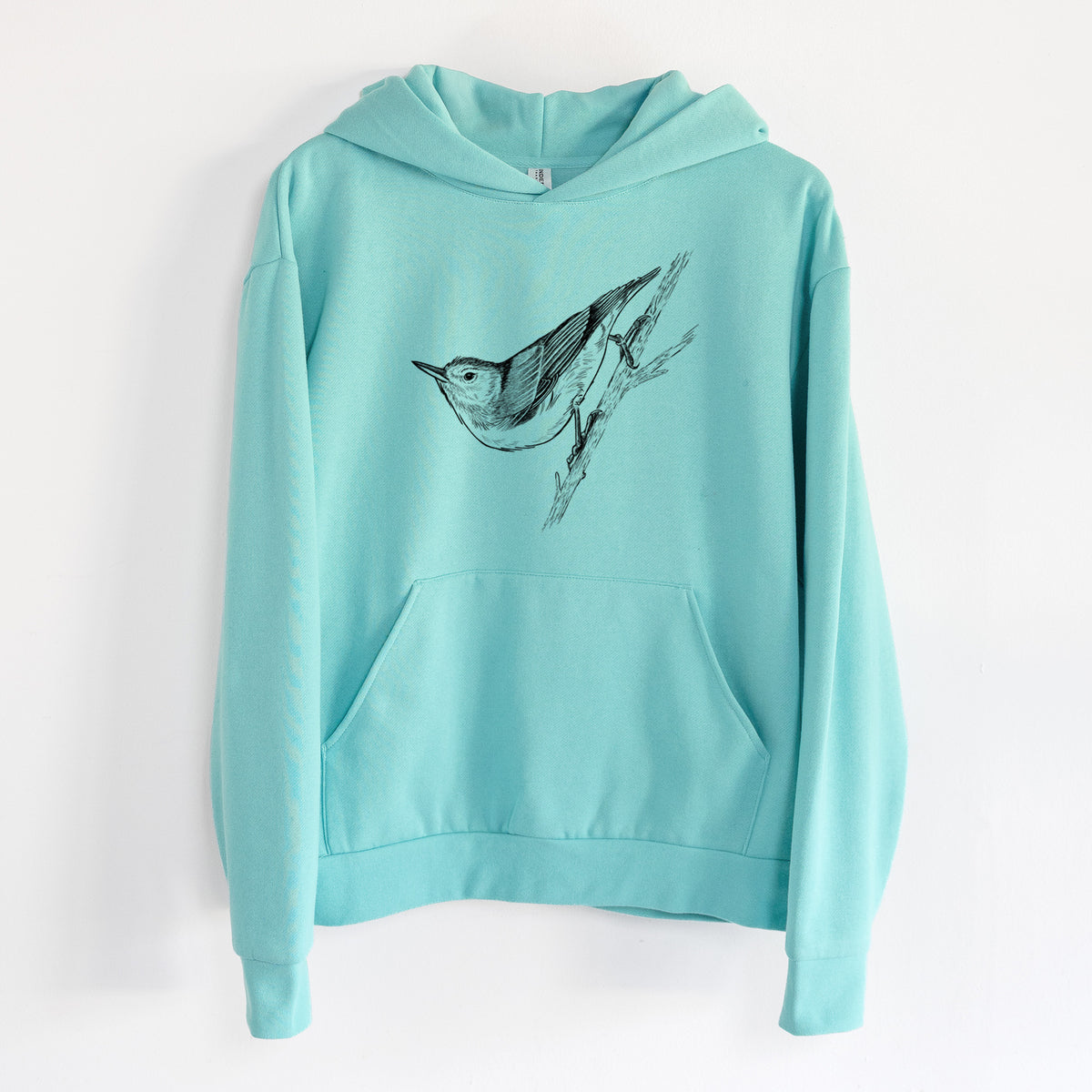 White-breasted Nuthatch - Sitta carolinensis - Statement Midweight Hoodie in Seafoam, hanging on a white wall, with a front kangaroo pocket and no drawcords.