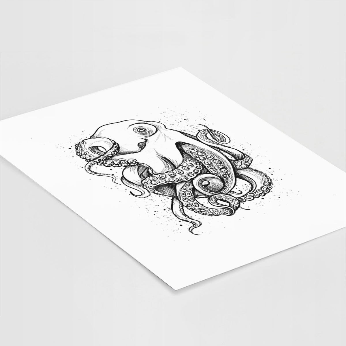 Art print of a detailed black ink illustration of a common octopus with curling tentacles, lying at an angle on a white surface.