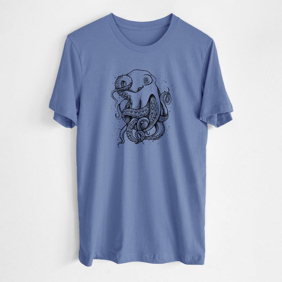 Blue bell lightweight cotton t-shirt laid flat, printed with a detailed black ink illustration of a common octopus with curling tentacles.